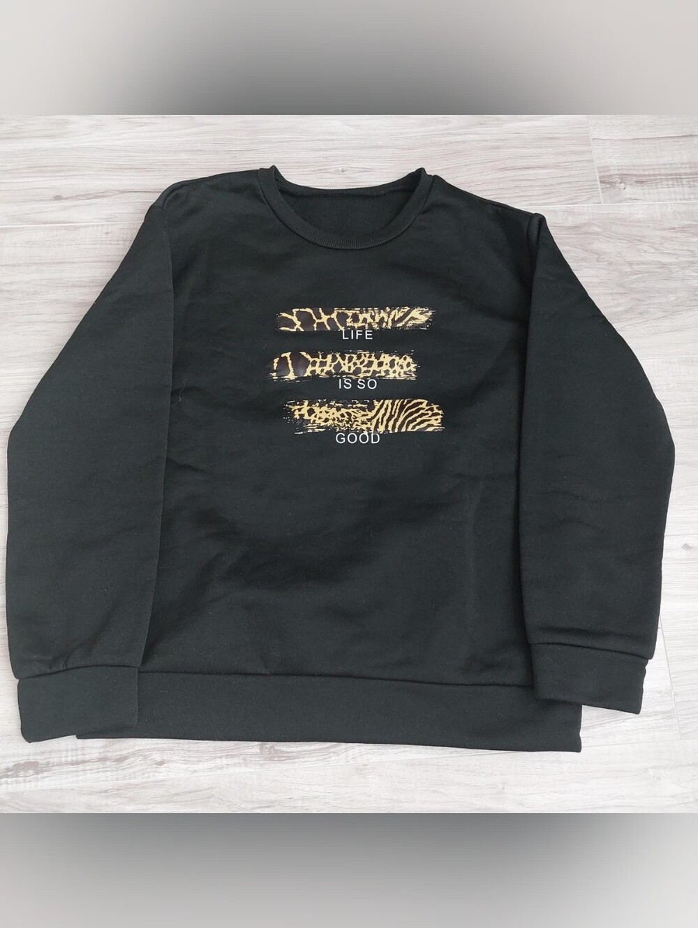 Black Crewneck Sweater with Animal Print Accent